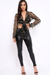 Black With Gold Tassels Tie Front Crop Top - Joy