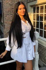 White Resin Belt Gathered Sleeve Shirt Dress - Tawny