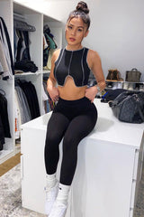 Black Ribbed Notch Contrast Stitch Crop Top - Rinnah