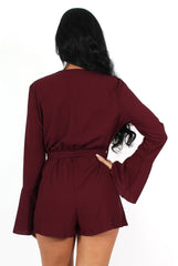 Julia Burgundy Bell Sleeve Tie Playsuit