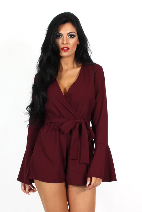 Julia Burgundy Bell Sleeve Tie Playsuit