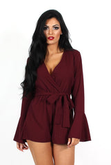 Julia Burgundy Bell Sleeve Tie Playsuit