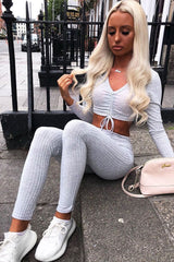 Grey Rib Ruched Front Crop Top Legging Loungewear Co-Ord - Victoria
