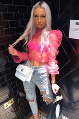 Pink Mesh High Neck Open Back Blouse - Anthea