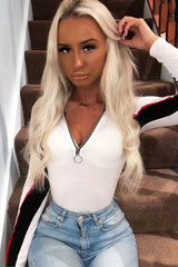 White Black Red Stripe Zip Front Bodysuit - Tyria