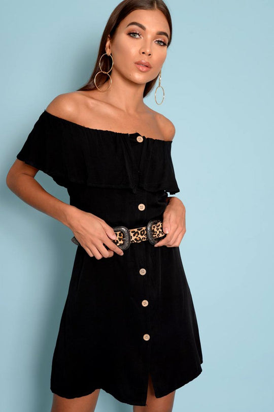 Black Bardot Frill Button Front Dress - Julissa