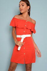 Red Bardot Frill Button Front Dress - Julissa