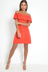Red Bardot Frill Button Front Dress - Julissa