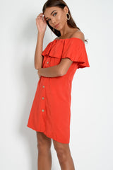 Red Bardot Frill Button Front Dress - Julissa