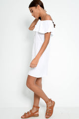 White Bardot Frill Button Front Dress - Julissa