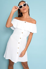 White Bardot Frill Button Front Dress - Julissa