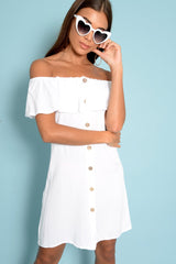 White Bardot Frill Button Front Dress - Julissa