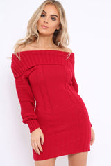 Red Bardot Chunky Knit Jumper Dress - Kaidyn