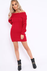Red Bardot Chunky Knit Jumper Dress - Kaidyn