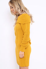 Mustard Bardot Chunky Knit Jumper Dress - Kaidyn