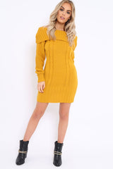 Mustard Bardot Chunky Knit Jumper Dress - Kaidyn