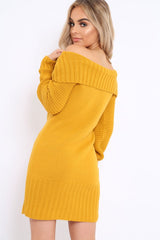 Mustard Bardot Chunky Knit Jumper Dress - Kaidyn