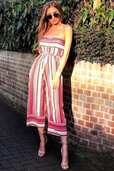 Pink Stripe Bardot Stripe Ruffle Jumpsuit - Kashia