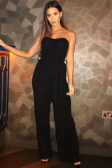 Black Strapless Belted Pleated Wide Leg Jumpsuit - Jasmine