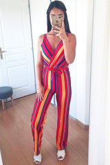 Pink And Yellow Plunge Wide Leg Jumpsuit - Saidi