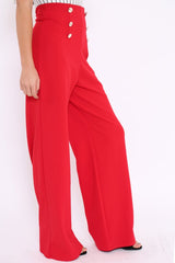Red High Waist Button Front Wide Leg Trousers - Juna