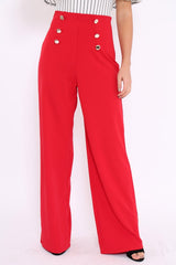 Red High Waist Button Front Wide Leg Trousers - Juna