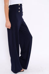 Navy High Waist Button Front Wide Leg Trousers - Juna