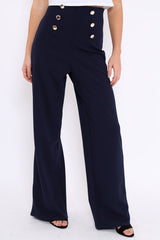 Navy High Waist Button Front Wide Leg Trousers - Juna