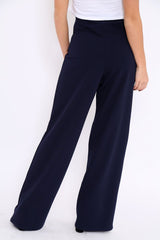 Navy High Waist Button Front Wide Leg Trousers - Juna