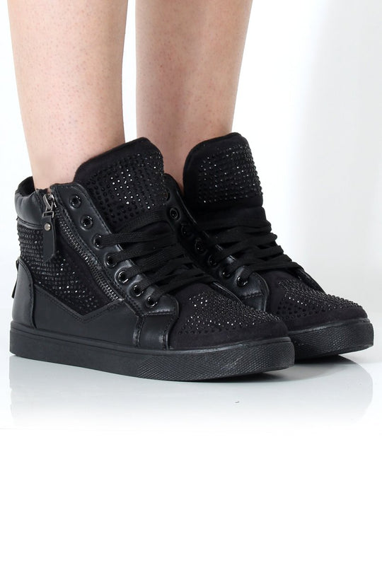 June Black Diamante Trainers