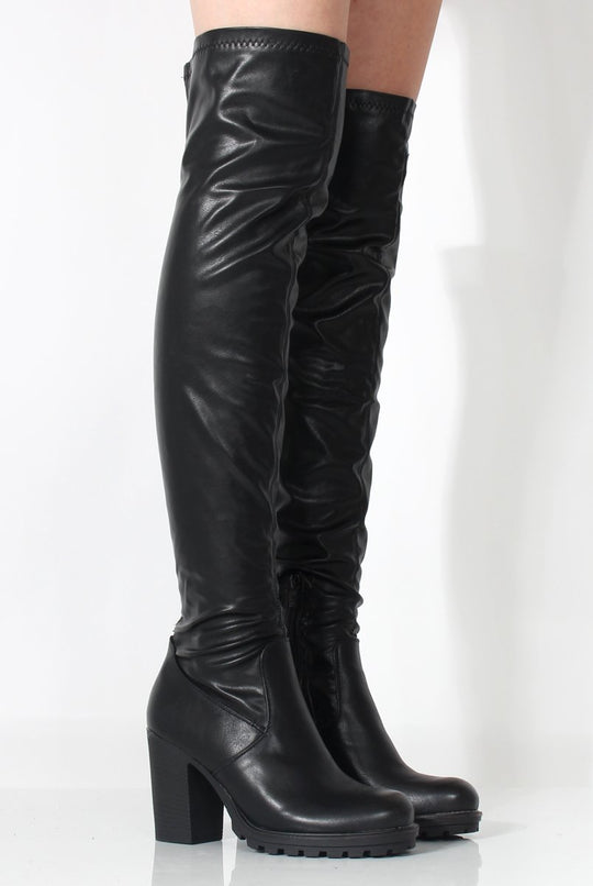 Juno Black PU Over The Knee Boots