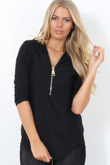 Juran Black Zip Front Ribbed Top