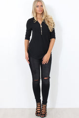 Juran Black Zip Front Ribbed Top
