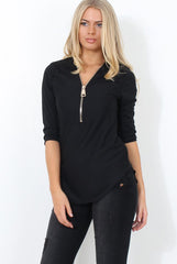 Juran Black Zip Front Ribbed Top