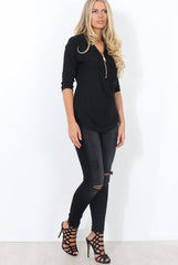 Juran Black Zip Front Ribbed Top