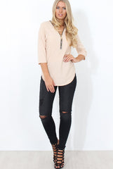 Juran Nude Zip Front Ribbed Top