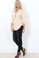 Juran Nude Zip Front Ribbed Top