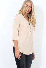 Juran Nude Zip Front Ribbed Top