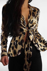 Leopard Knot Front Plunge Shirt - Jurnie
