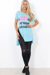 Justina Blue Slogan Side Split Top