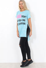 Justina Blue Slogan Side Split Top