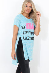 Justina Blue Slogan Side Split Top