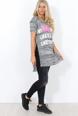 Justina Grey Slogan Side Split Top