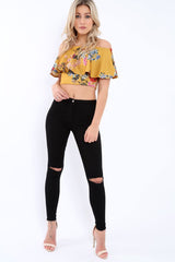 Mustard Floral Bardot Crop Top - Justine