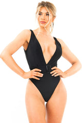 Black Extreme Plunge Belted Swimsuit - Elvi