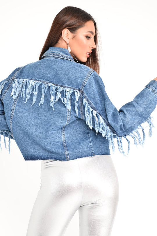 Mid Wash Denim Fray Detail Jacket - Nasya