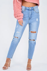 Light Wash Two Tone Ripped Hem Jeans - Lollie