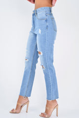 Light Wash Two Tone Ripped Hem Jeans - Lollie