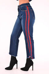 Dark Wash Red Constrast Stripe Jeans - Kayda