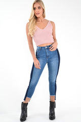 Mid Wash Colour Block Step Hem Jeans - Lianni